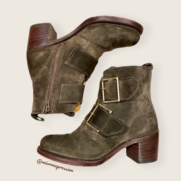 Frye Shoes - $399 Frye Sabrina Double Buckle Academia Green Suede Leather Moto Ankle Booties